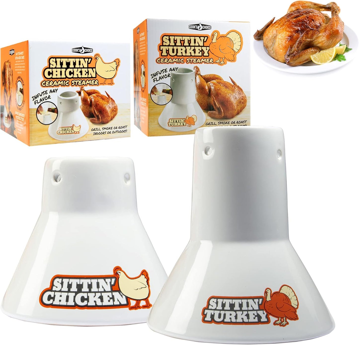 Sittin' Chicken & Sittin' Turkey Ceramic Beer Can Steamer & Roaster Combo Set